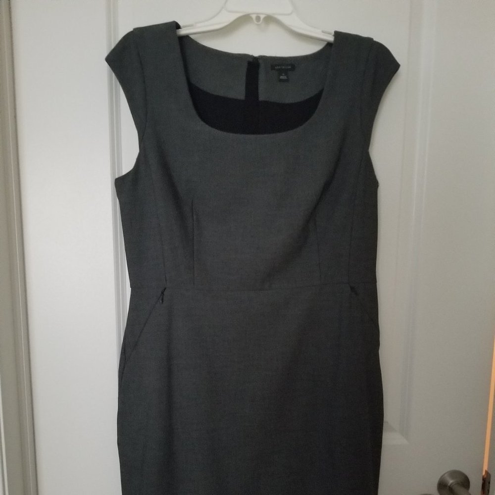 Ann Taylor Charcoal Sheath Dress with slash zip pockets scoop square neck